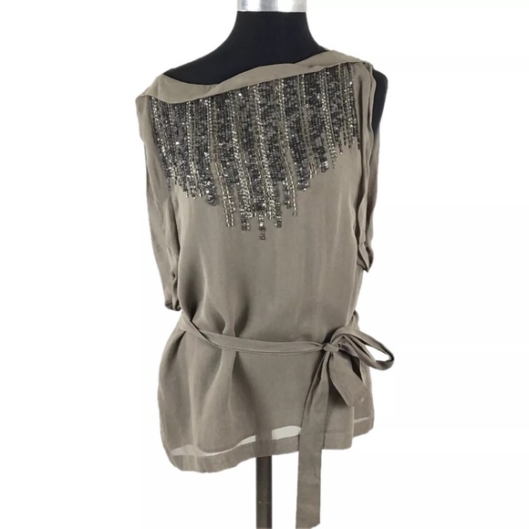 French Connection Tops - French Connection Sequin Belted Blouse 8 Tan Top